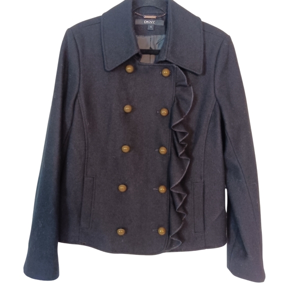 DKNY Jacket Women's Size 14 Black Wool Blend Ruffles with Bronze Buttons Collar - Picture 1 of 10